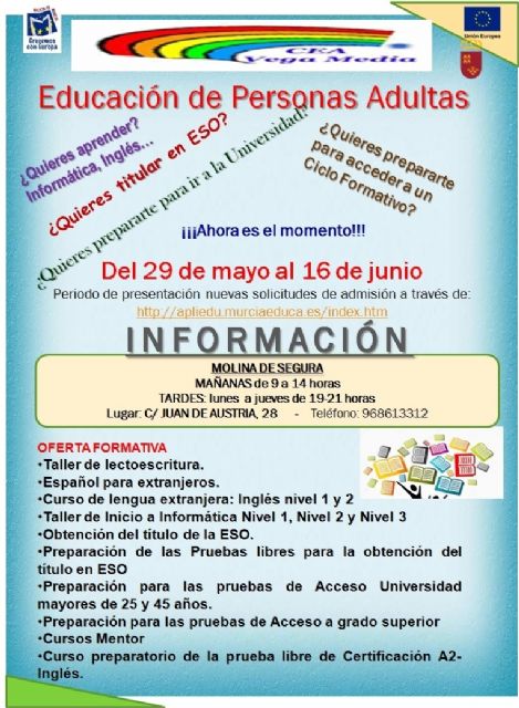 Abierto el plazo de solicitud de matrícula para el Centro Comarcal de Educación de Adultos Vega Media de Molina de Segura hasta el día 16 de junio - 1, Foto 1