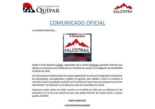 Se suspende definitivamente la edición de la prueba deportiva Falco Trail 2020 - 1, Foto 1