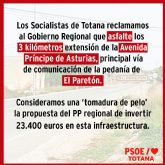 Los Socialistas de Totana reclaman al Gobierno Regional que asfalte en sus tres kilmetros extensin la Avenida Prncipe de Asturias