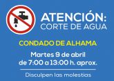 AVISO: corte de agua en Condado de Alhama el 9 de abril