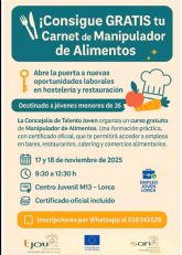 El Ayuntamiento de Lorca ofrece un curso gratuito de Manipulador de Alimentos para jvenes menores de 35 aos