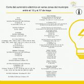 Corte del suministro elctrico en varias zonas del municipio entre el 13 y el 17 de mayo