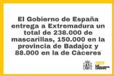 El Gobierno de España reparte 238.000 mascarillas en Extremadura para su distribución a partir de mañana
