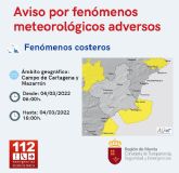 La Agencia Estatal de Meteorología emite para la madrugada del viernes, 4 de marzo, AVISO AMARILLO de fenómenos meteorológicos adversos por fenómenos costeros en la Región de Murcia