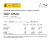 El nivel de riesgo de incendio forestal previsto por la Agencia Estatal de Meteorología para hoy domingo es alto o muy alto en casi toda la Región de Murcia