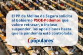 El PP de Molina de Segura solicita al Gobierno PSOE-Podemos que valore retrasar, o incluso suspender, las oposiciones hasta que la pandemia esté controlada