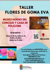 La Concejala de Turismo organiza el taller Flores de primavera con goma eva el domingo 19 de mayo en el Museo Horno del Concejo y Casa del Folclore de Molina de Segura