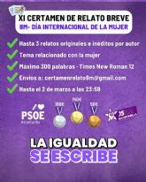 Convocado el XI Certamen de Relato Breve 8M con motivo del Día Internacional de la Mujer del PSOE y JJSS de Alcantarilla