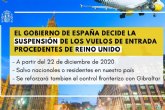 Desde mañana martes 22 suspensin de vuelos de entrada a España procedentes del Reino Unido