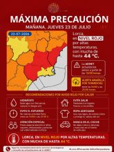 Lorca activa y refuerza el dispositivo especial de protecci�n ante el aviso rojo por altas temperaturas previsto para manana