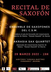 El Conservatorio Profesional de Música Maestro Jaime López de Molina de Segura organiza un recital de saxofón el martes 29 de marzo