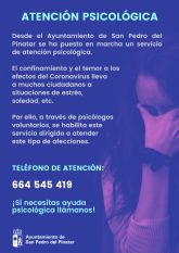 El Ayuntamiento de San Pedro del Pinatar habilita un servicio de atencin psicolgica durante el confinamiento