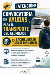 Abierto el plazo para solicitar lasayudasaltransportepara alumnos de Bachillerato y Ciclos Formativos residentes en las pedan�as de Lorca