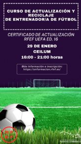 La Real Federación Española de Fútbol organiza un curso de actualización y reciclaje para entrenadores el próximo 29 de enero en Puerto Lumbreras