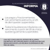 La Concejalía de Hacienda del Ayuntamiento de Caravaca anuncia la suspensión de los vencimientos de pago de abril