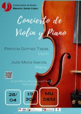 Patricia Gmez Tapia y Julia Mora Garca ofrecen un concierto de violn y piano en el Auditorio Virginia Martnez Fernndez de Molina de Segura el viernes 28 de abril