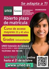 La extensin en Caravaca de la Universidad Nacional a Distancia (UNED) mantiene abierto el plazo de matrcula hasta el 21 de octubre