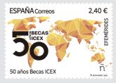Correos presenta un sello que conmemora el 50 aniversario de las becas ICEX
